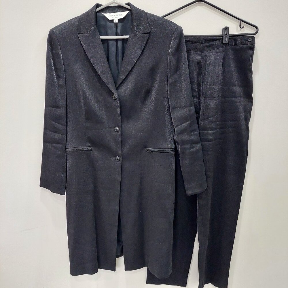 Della Spiga Italy Metallic Pants And Long Blazer Set, Black, Size 6